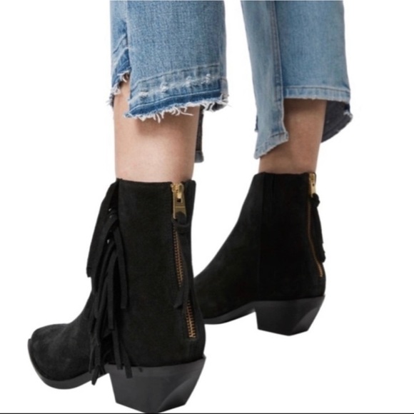 🆕 ALL SAINTS Layla Suede Fringe Ankle Bootie in Black, Size EU 41 US 10.5 - Picture 1 of 9
